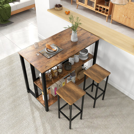36" 3-Tier Bar Table with Storage Metal Frame Adjustable Foot Pads for Dining Room-Rustic Brown