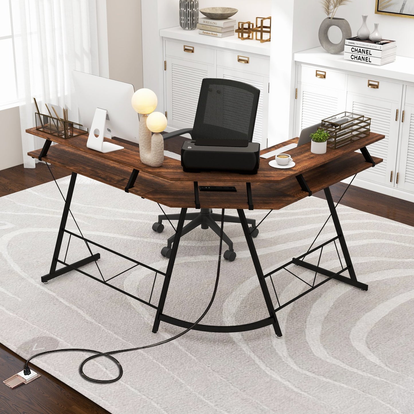 L-shaped Computer Desk with Power Outlet and Monitor Stand-Black
