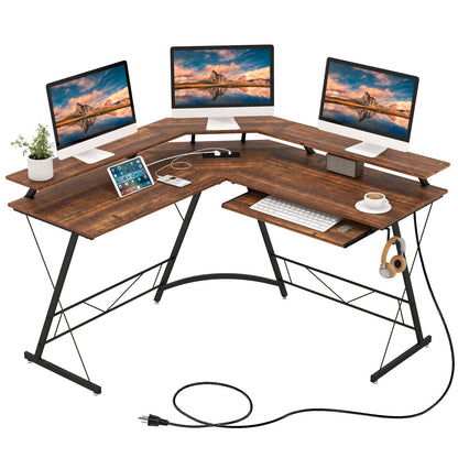 L-shaped Computer Desk with Power Outlet and Monitor Stand-Black