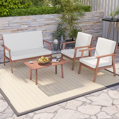 4 Piece Outdoor Acacia Wood Conversation Set with Soft Seat and Back Cushions-Gray