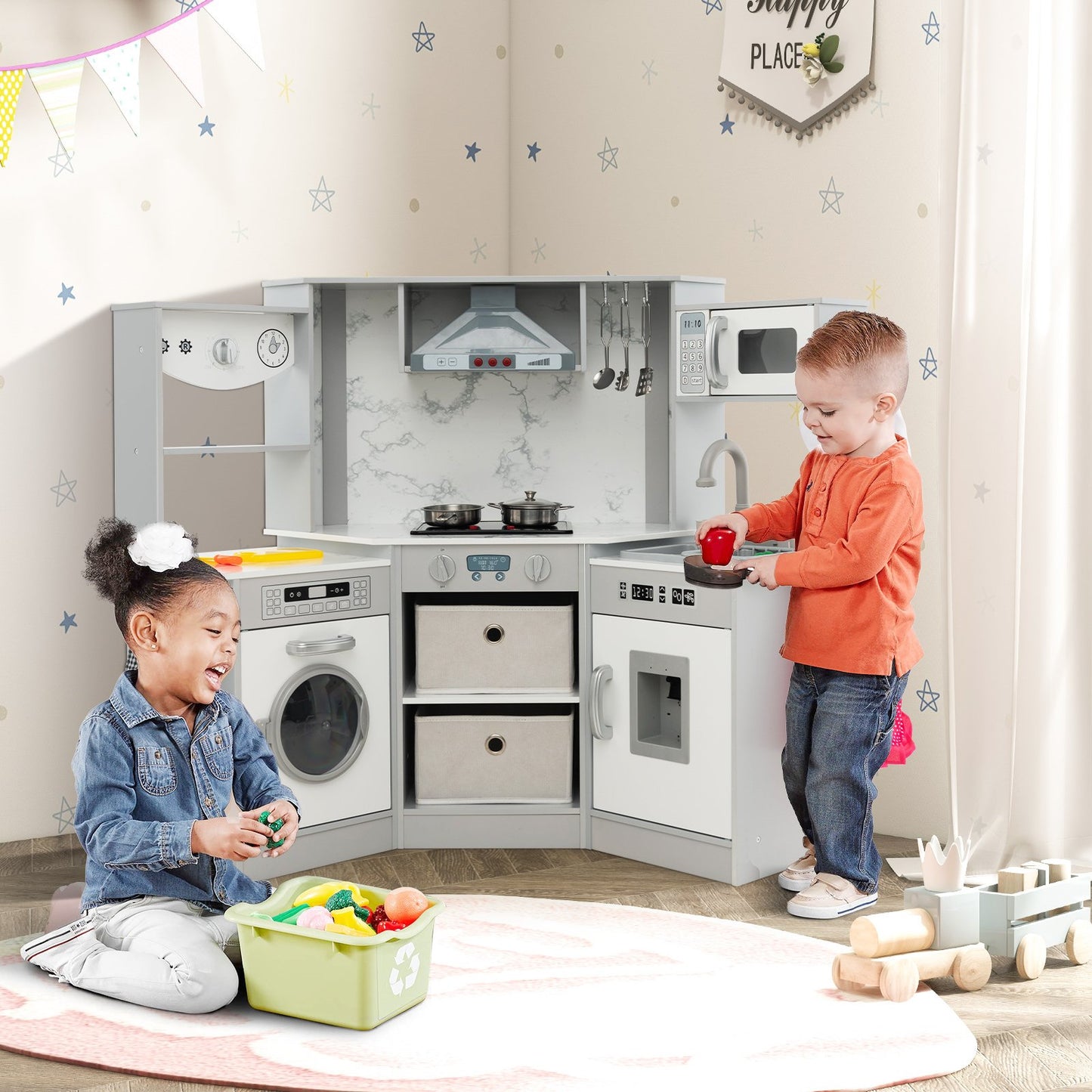 Wooden Kids Play Kitchen Playset with Realistic Lights and Sounds-Coffee