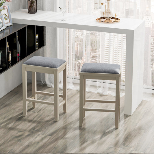 2 Pieces 25 Inch Upholstered Bar Stool Set with Solid Rubber Wood Frame and Footrest-White