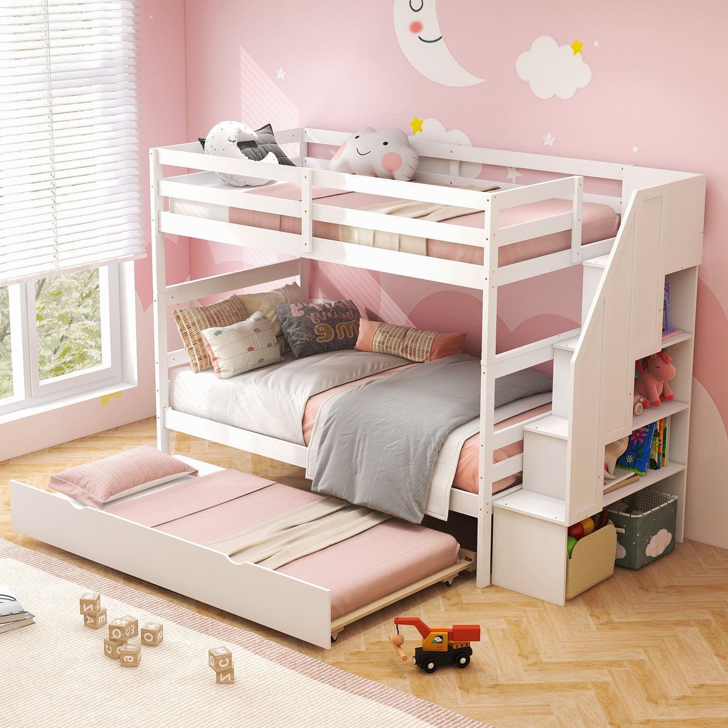 Home Wood Bunk Bed with Guard Rail and 4-step Storage Stairs No Box Spring Needed-Brown