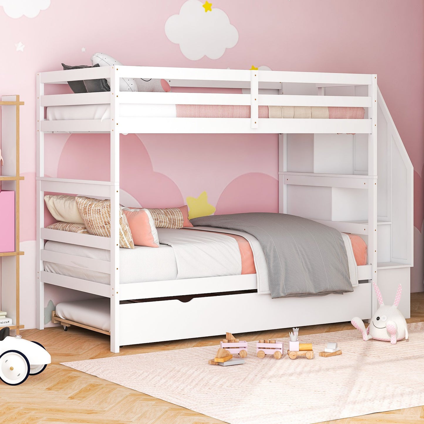 Home Wood Bunk Bed with Guard Rail and 4-step Storage Stairs No Box Spring Needed-Brown