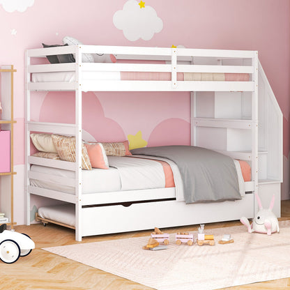 Home Wood Bunk Bed with Guard Rail and 4-step Storage Stairs No Box Spring Needed-Brown
