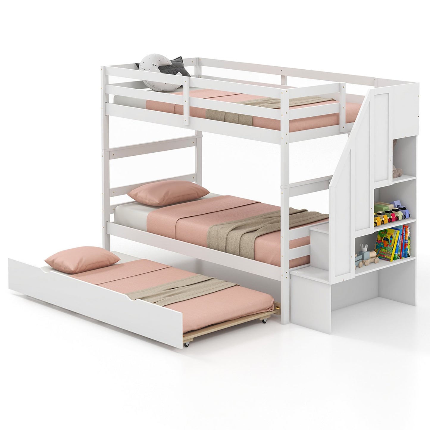 Home Wood Bunk Bed with Guard Rail and 4-step Storage Stairs No Box Spring Needed-Brown
