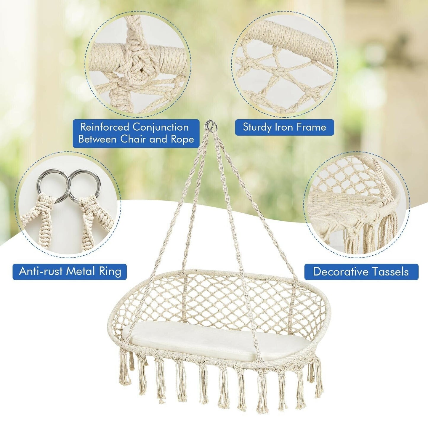 2 Person Hanging Hammock Chair with Cushion Macrame Swing-Beige