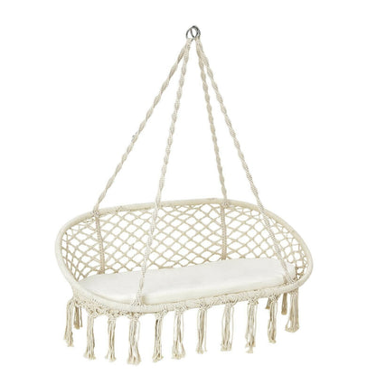 2 Person Hanging Hammock Chair with Cushion Macrame Swing-Beige