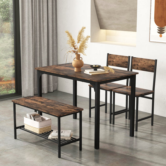 4 Pieces Rustic Dining Table Set with 2 Chairs and Bench-Rustic Brown