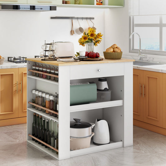 Modern Kitchen Island with Rubber Wood Countertop and Storage-White
