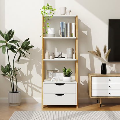 4-Tier Ladder Bookshelf Storage Display with 2 Drawers