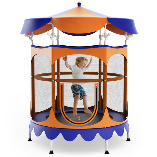 64" Kids Trampoline with Detachable Canopy and Safety Enclosure Net-Orange