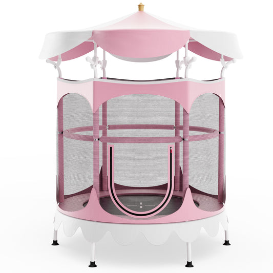 64" Kids Trampoline with Detachable Canopy and Safety Enclosure Net-Pink