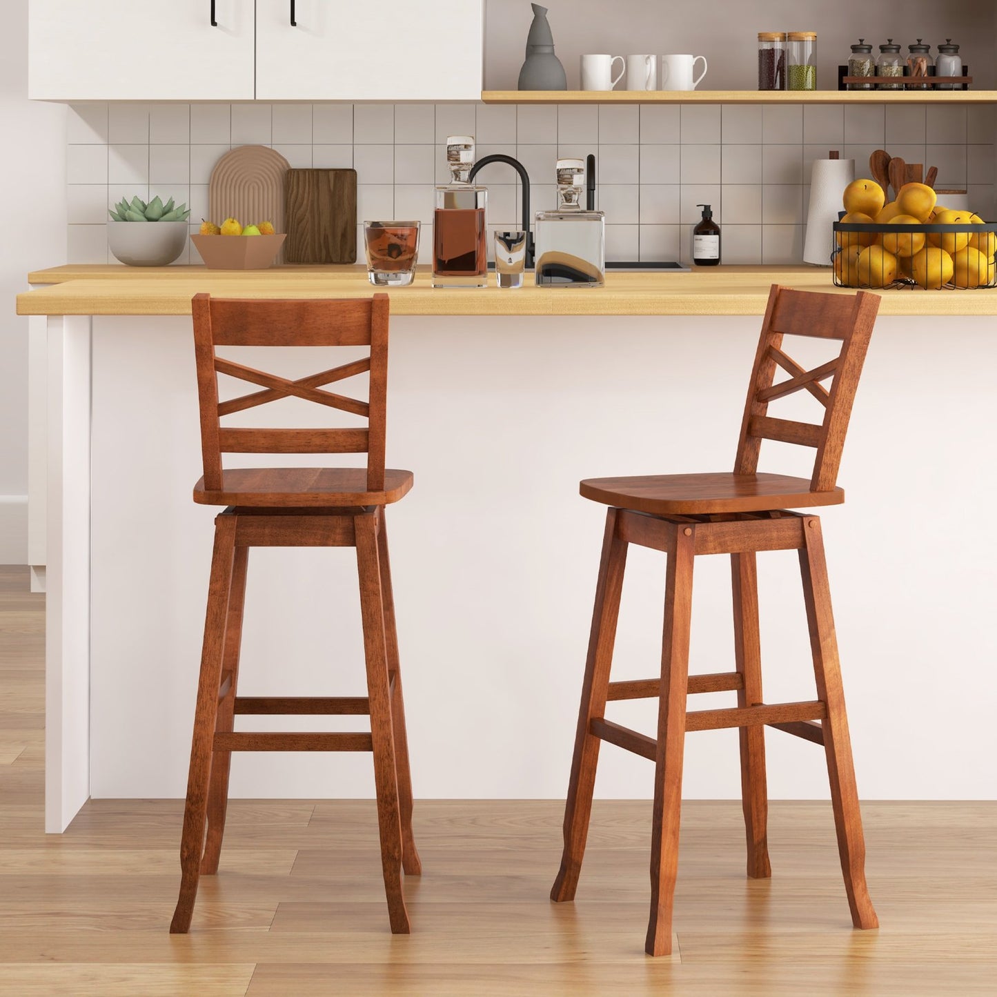 Swivel 30-Inch Bar Height Stool Set of 2 with Footrest-Cream White