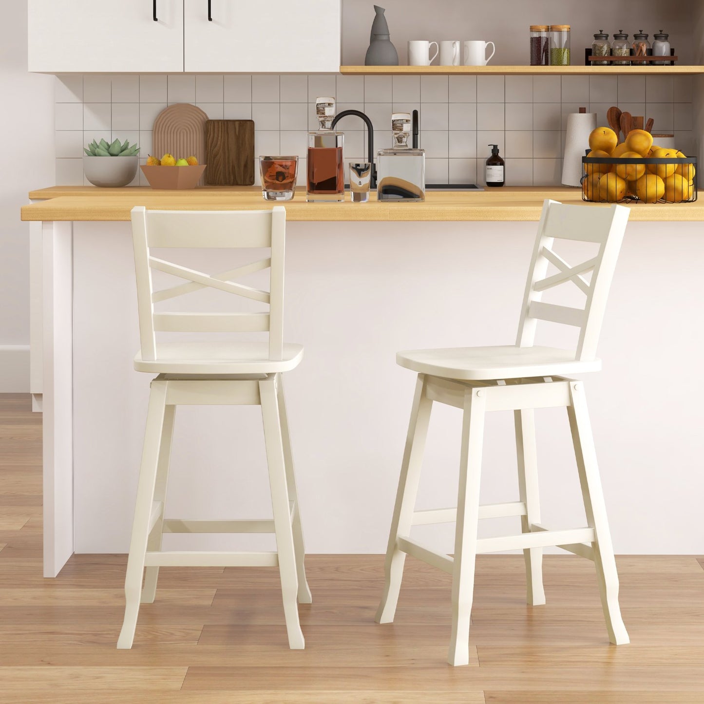 Swivel 24-Inch Counter Height Stool Set of 2 with Inclined Backrest-Walnut