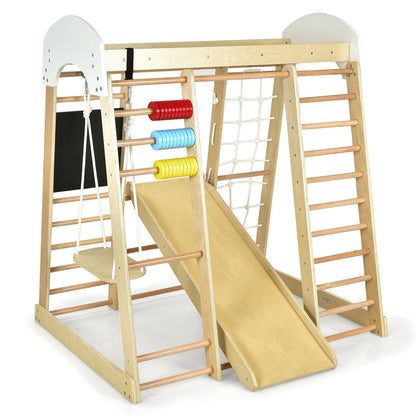 Indoor Playground Climbing Gym Wooden 8-in-1 Climber Playset for Children-Natural