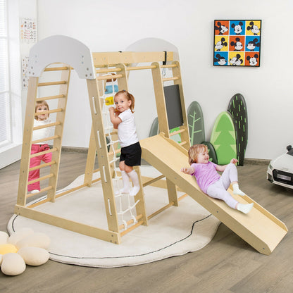 Indoor Playground Climbing Gym Wooden 8-in-1 Climber Playset for Children-Natural