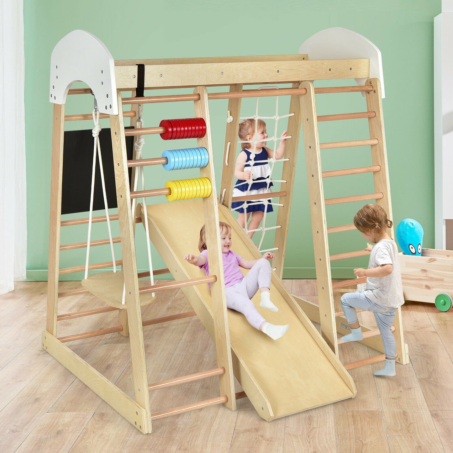 Indoor Playground Climbing Gym Wooden 8-in-1 Climber Playset for Children-Natural