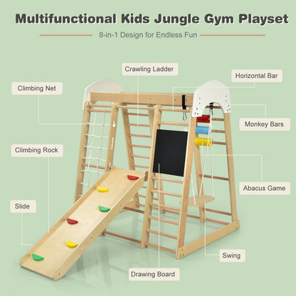 Indoor Playground Climbing Gym Wooden 8-in-1 Climber Playset for Children-Natural