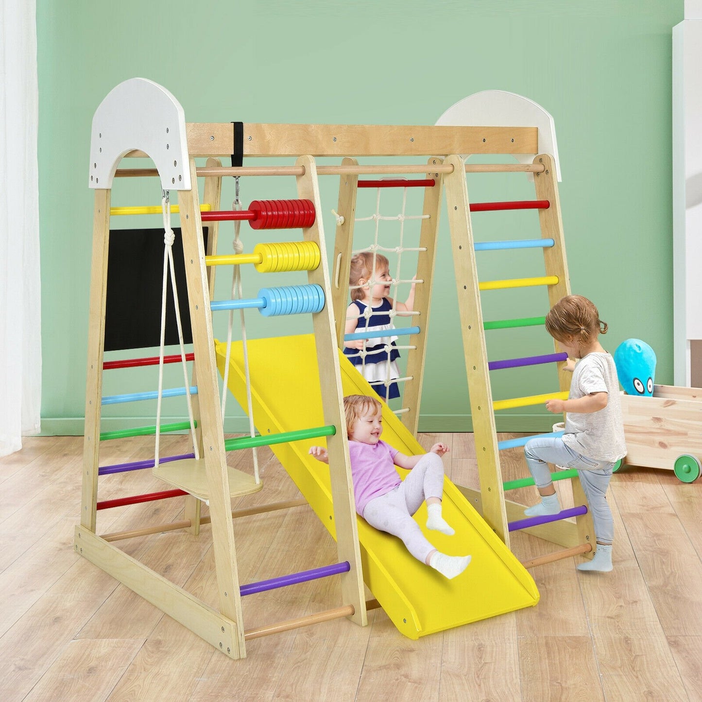 Indoor Playground Climbing Gym Wooden 8-in-1 Climber Playset for Children-Multicolor