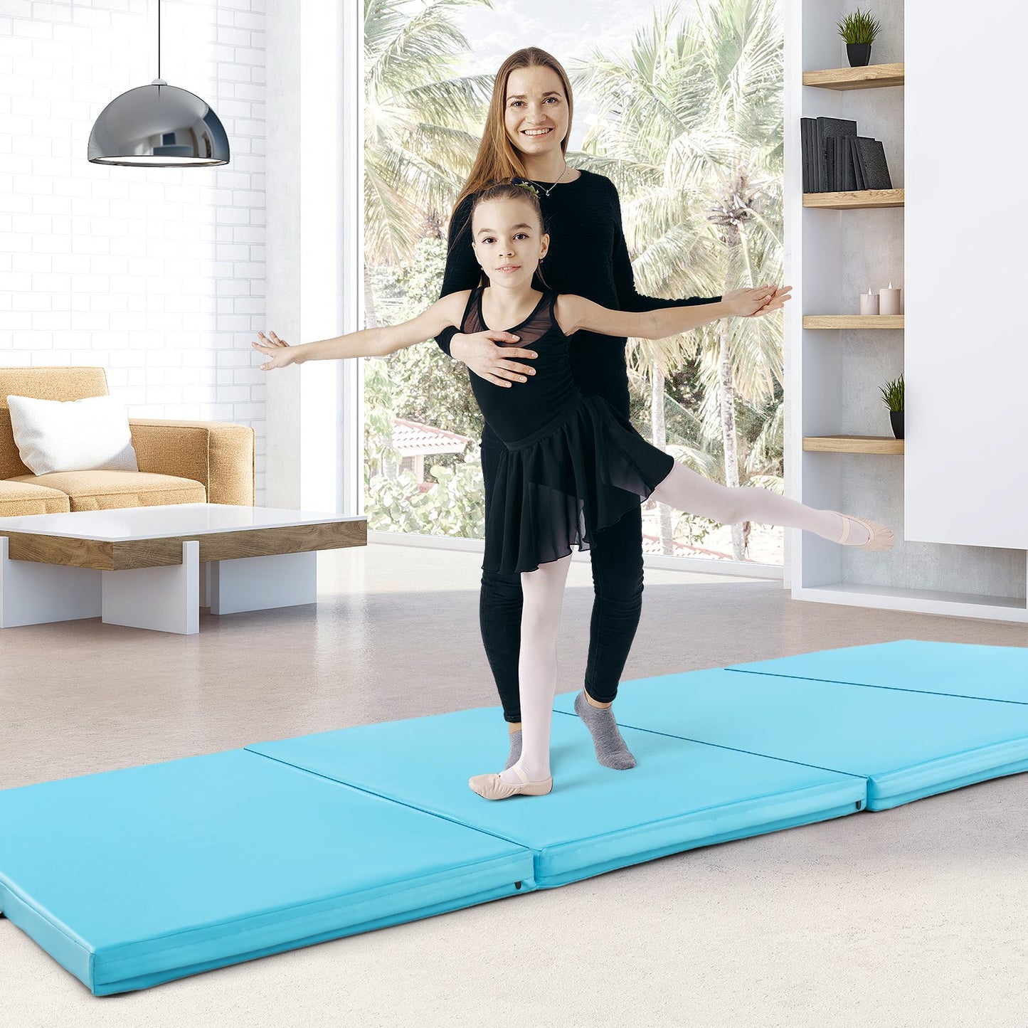 4-Panel PU Leather Folding Exercise Mat with Carrying Handles-Black