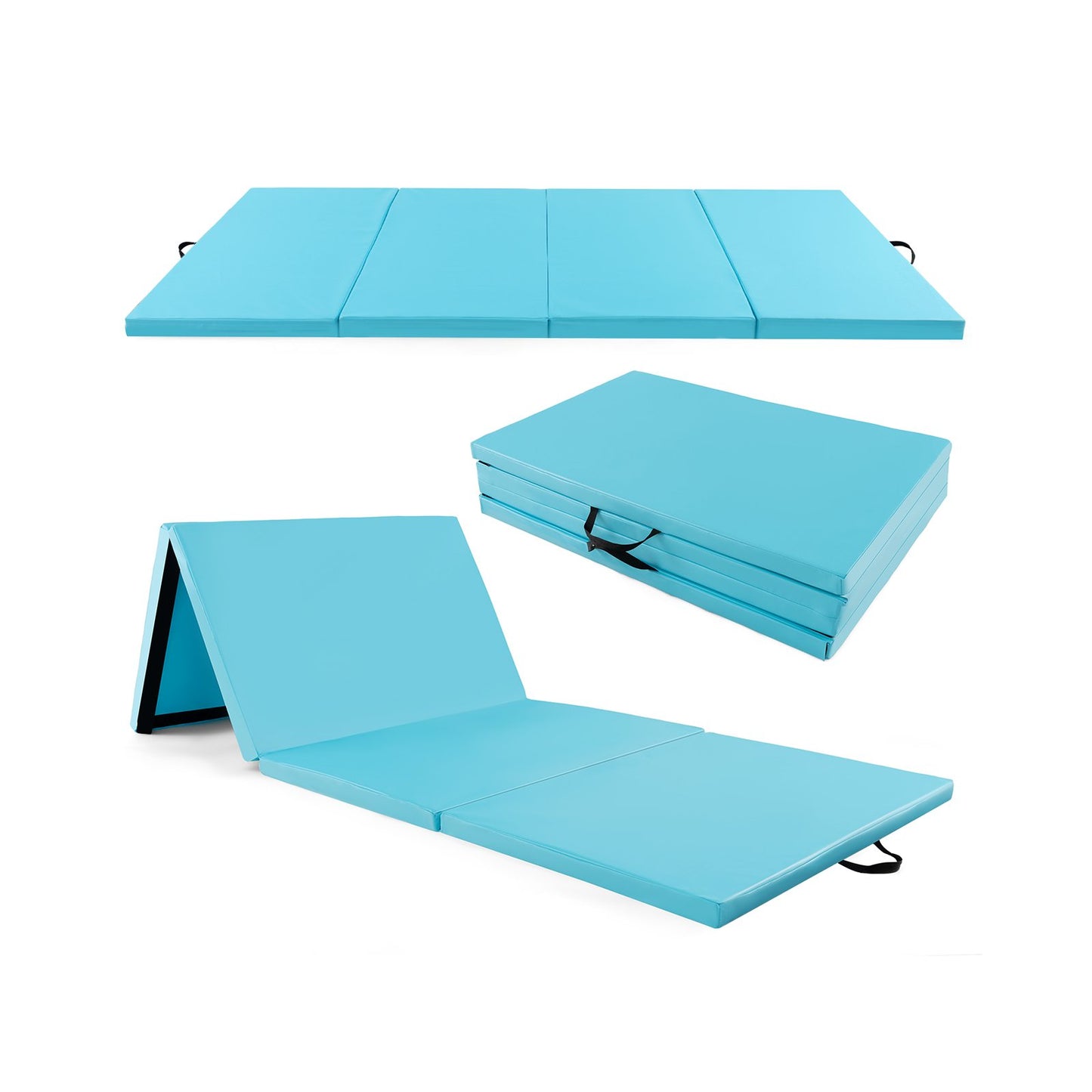 4-Panel PU Leather Folding Exercise Mat with Carrying Handles-Black