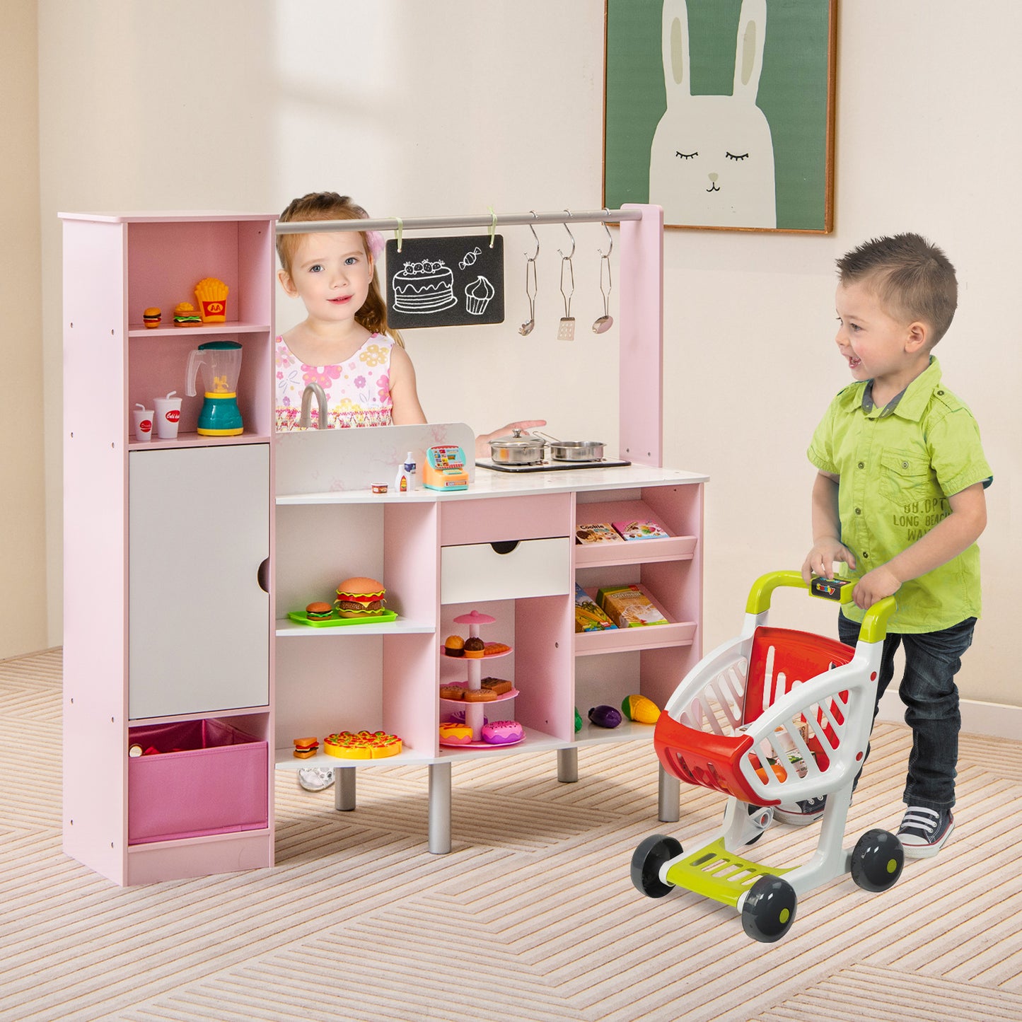 2-in-1 Double-sided Kids Kitchen and Market with Realistic Light and Sound-Pink