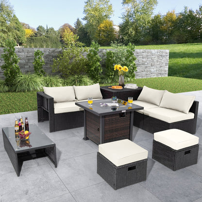 9 Pieces Patio Furniture Set with 32” Fire Pit Table and 50000 BTU Square Propane Fire Pit-Black