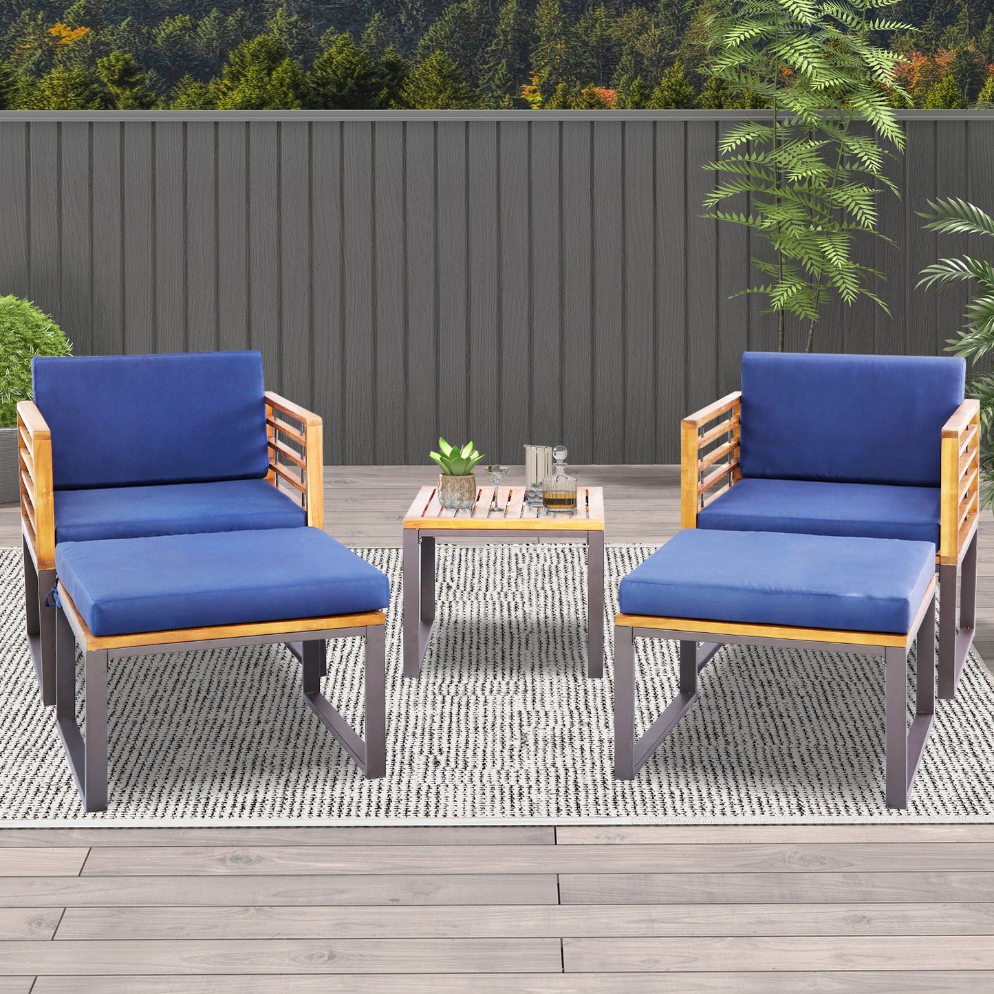 5 Pieces Patio Acacia Wood Chair Set with Ottomans and Coffee Table-Navy