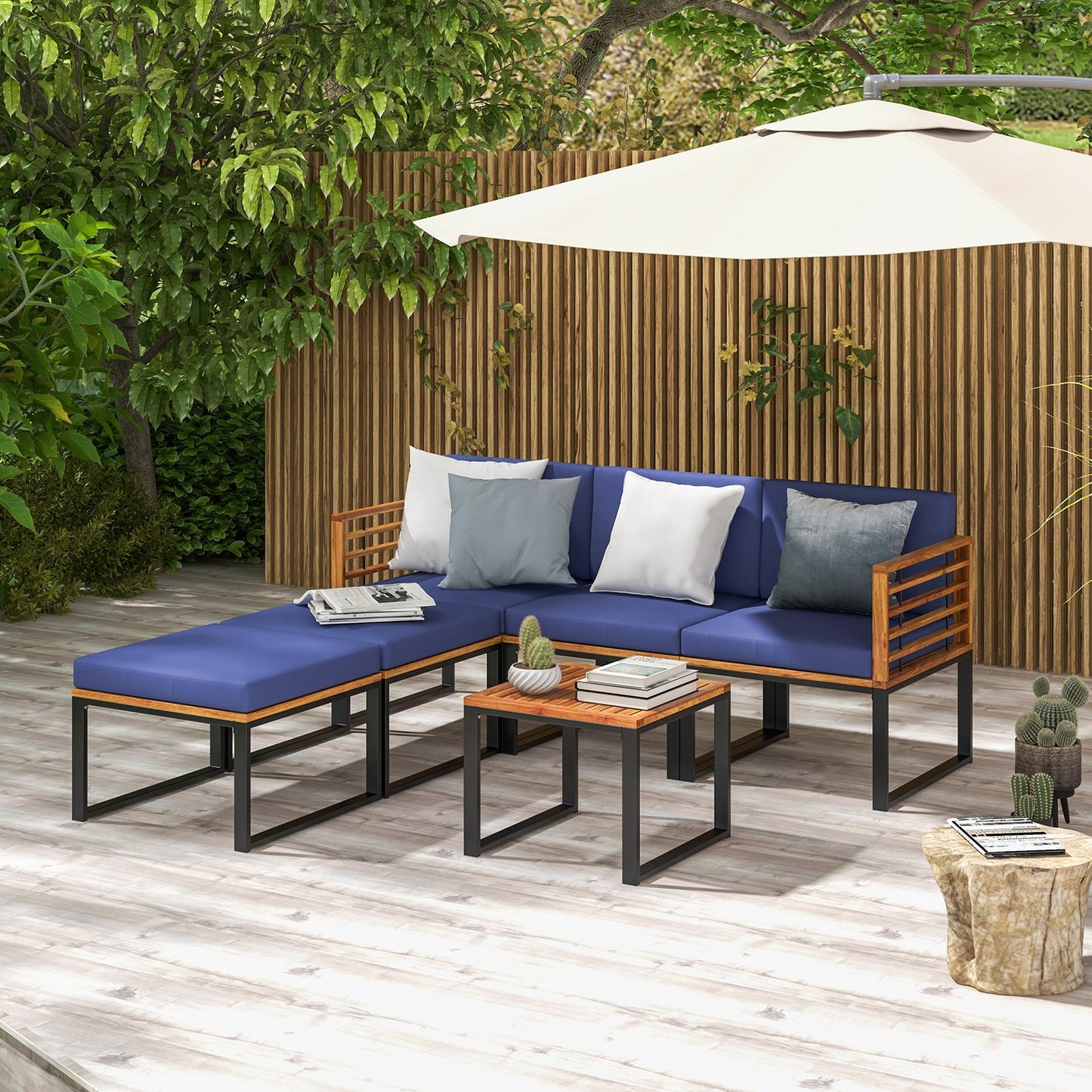 6 Pieces Patio Acacia Wood Conversation Sofa Set with Ottomans and Coffee Table-Navy
