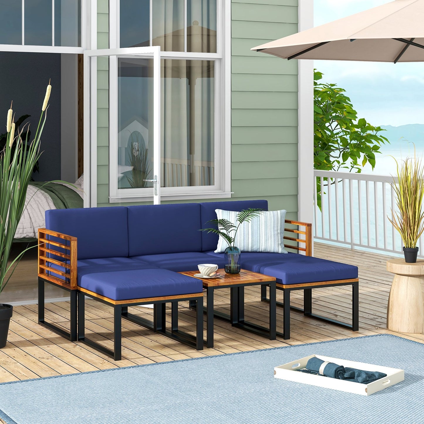 6 Pieces Patio Acacia Wood Conversation Sofa Set with Ottomans and Coffee Table-Navy