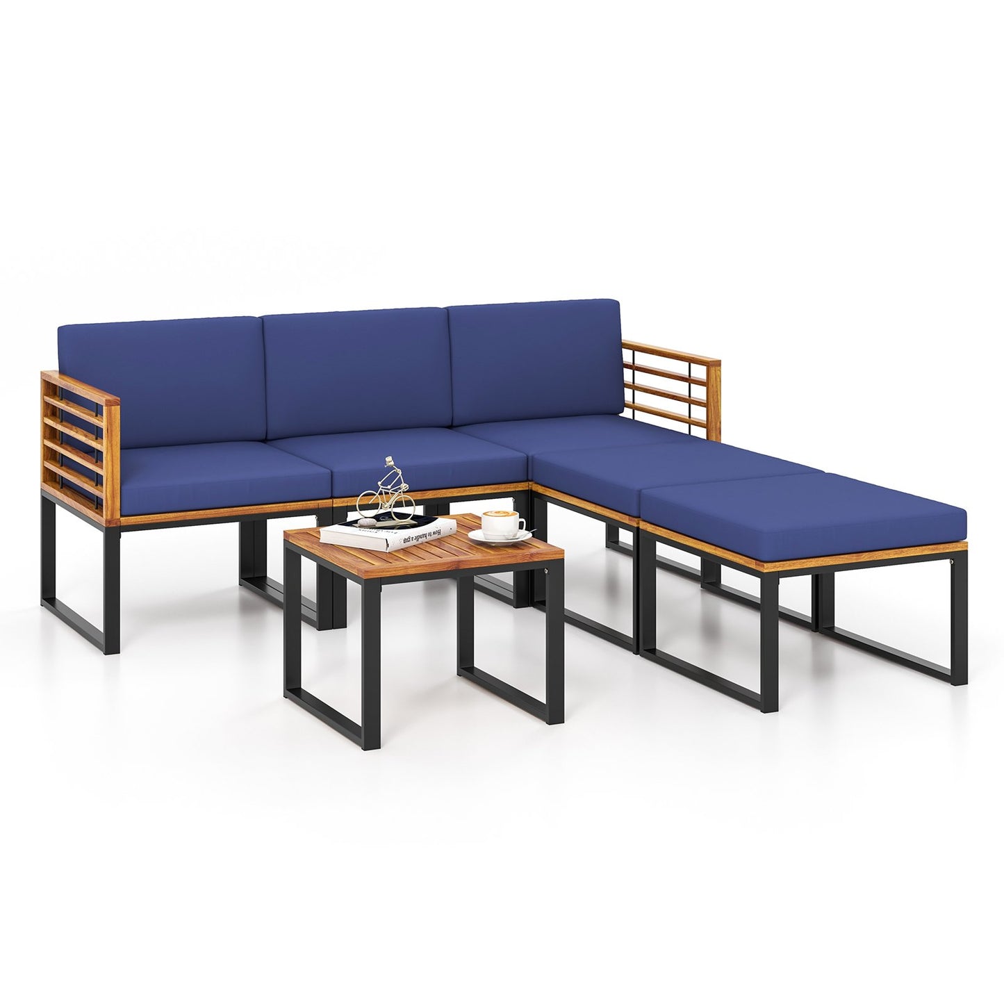 6 Pieces Patio Acacia Wood Conversation Sofa Set with Ottomans and Coffee Table-Navy
