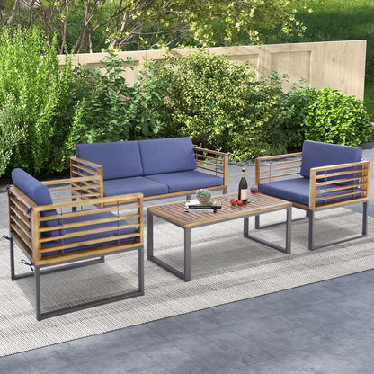 4 Piece Patio Acacia Wood Conversation Set with Soft Seat-Navy