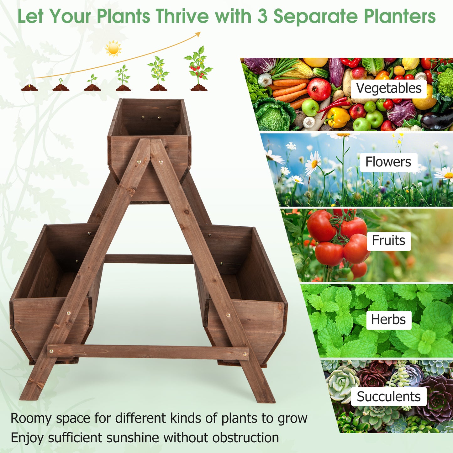 Vertical Raised Garden bed with 3 Wooden Planter Boxes-L