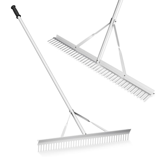 Aluminum garden rake with 36-inch wide head and 68-inch long handle for lawn care and yard cleanup.