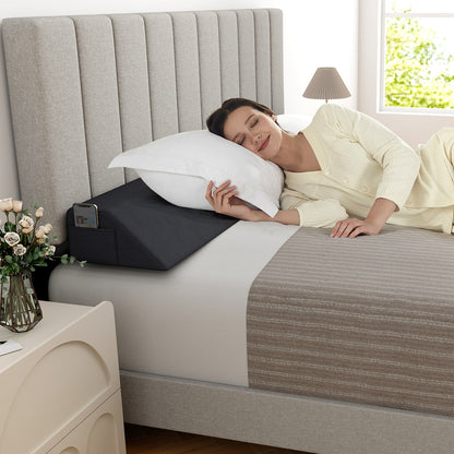 Full-size bed wedge pillow with storage bag, designed for comfortable elevation and support in bedroom bedding setup.
