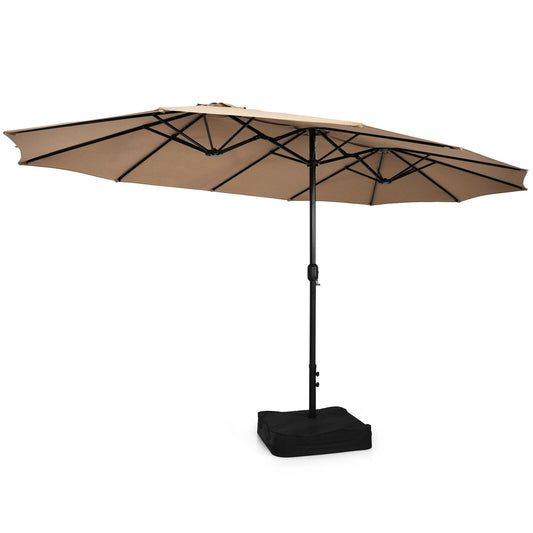 15 Feet Double-Sided Twin Patio Umbrella with Crank and Base Coffee in Outdoor Market-Coffee