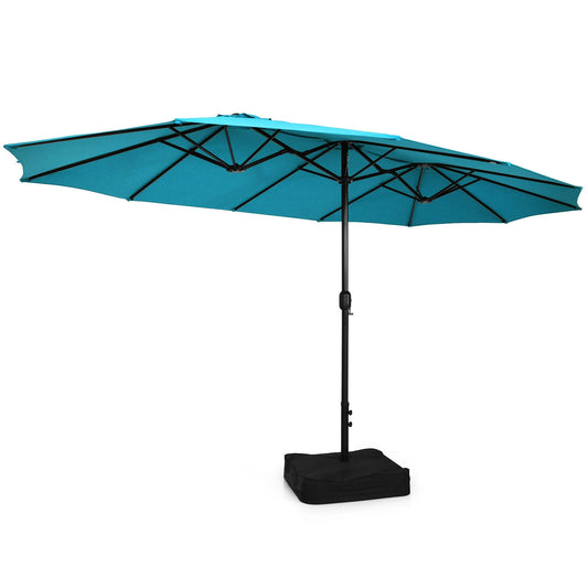 15 Feet Double-Sided Twin Patio Umbrella with Crank and Base Coffee in Outdoor Market-Turquoise