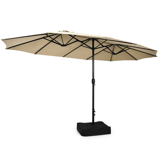 15 Feet Double-Sided Twin Patio Umbrella with Crank and Base Coffee in Outdoor Market-Beige