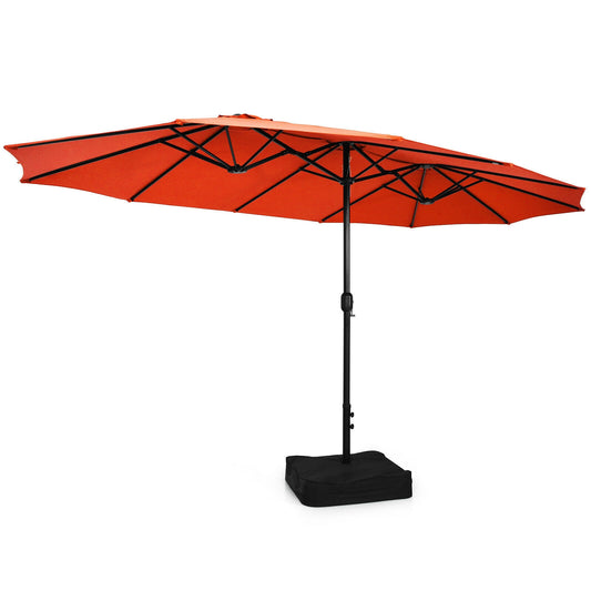 15 Feet Double-Sided Twin Patio Umbrella with Crank and Base Coffee in Outdoor Market-Orange