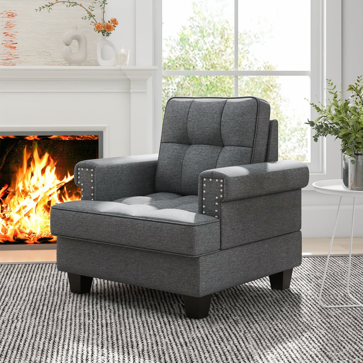 Mid-century Modern Accent Armchair Tufted Linen Club Chair-Beige