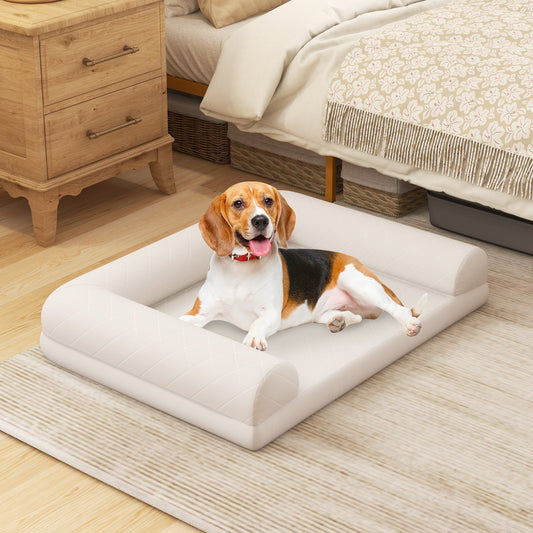 Egg-Foam Dog Crate Bed with 3-Side Bolster and Removable Washable Bed Cover-Beige