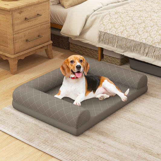 Egg-Foam Dog Crate Bed with 3-Side Bolster and Removable Washable Bed Cover-Gray