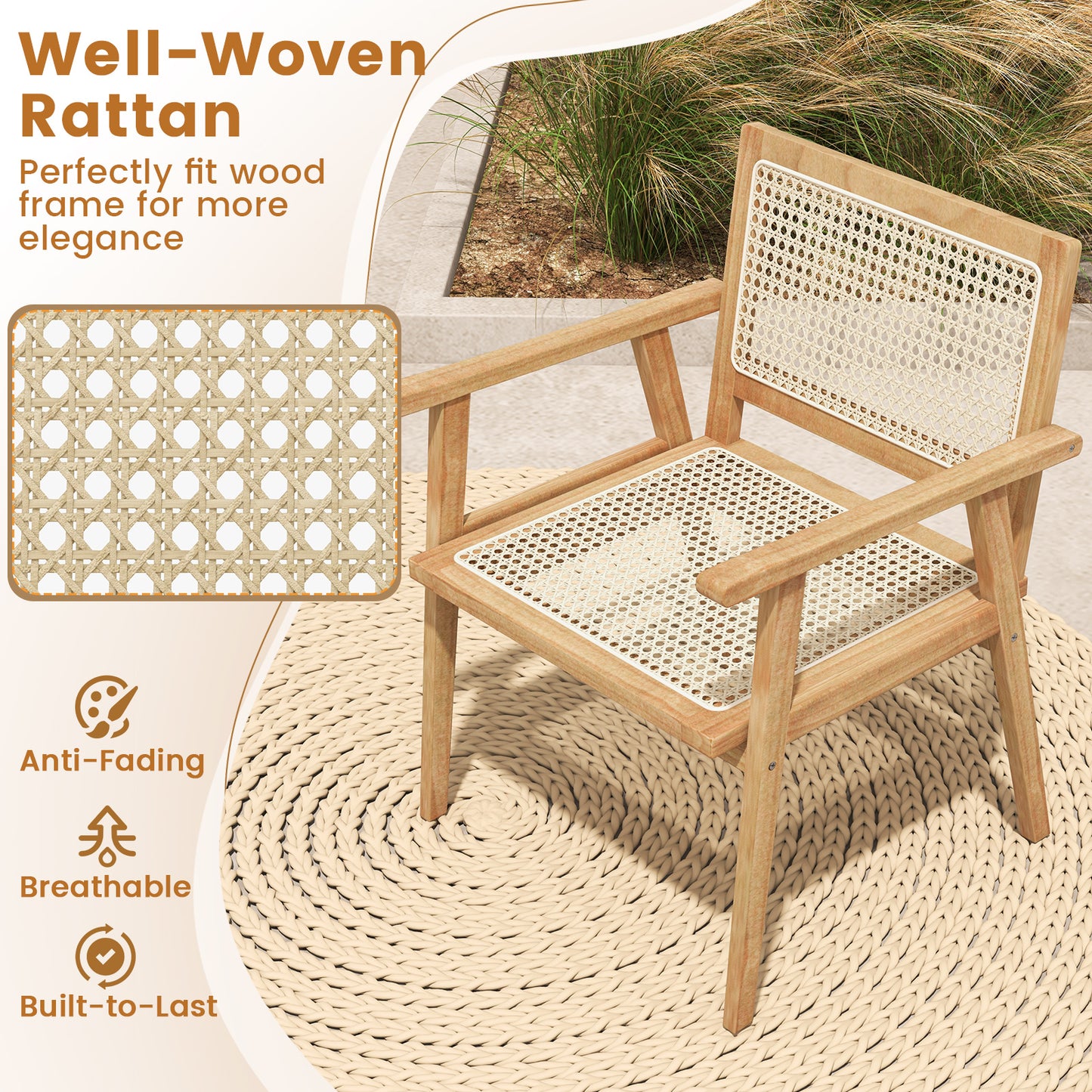 Indonesia Teak Wood Chair with Natural Rattan Seat and Curved Backrest for Backyard Porch Balcony