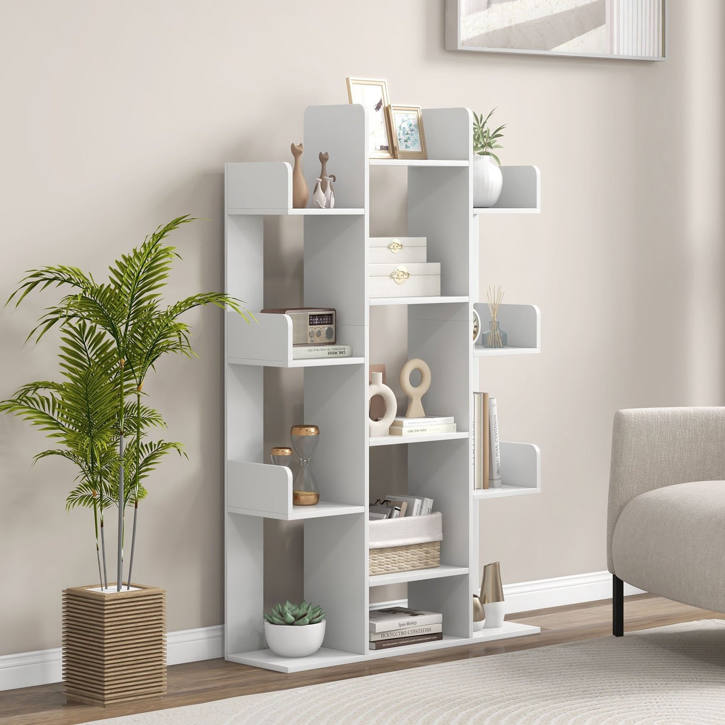 Tree-Shaped Bookshelf with 13 Compartments for Home Office-Rustic Brown