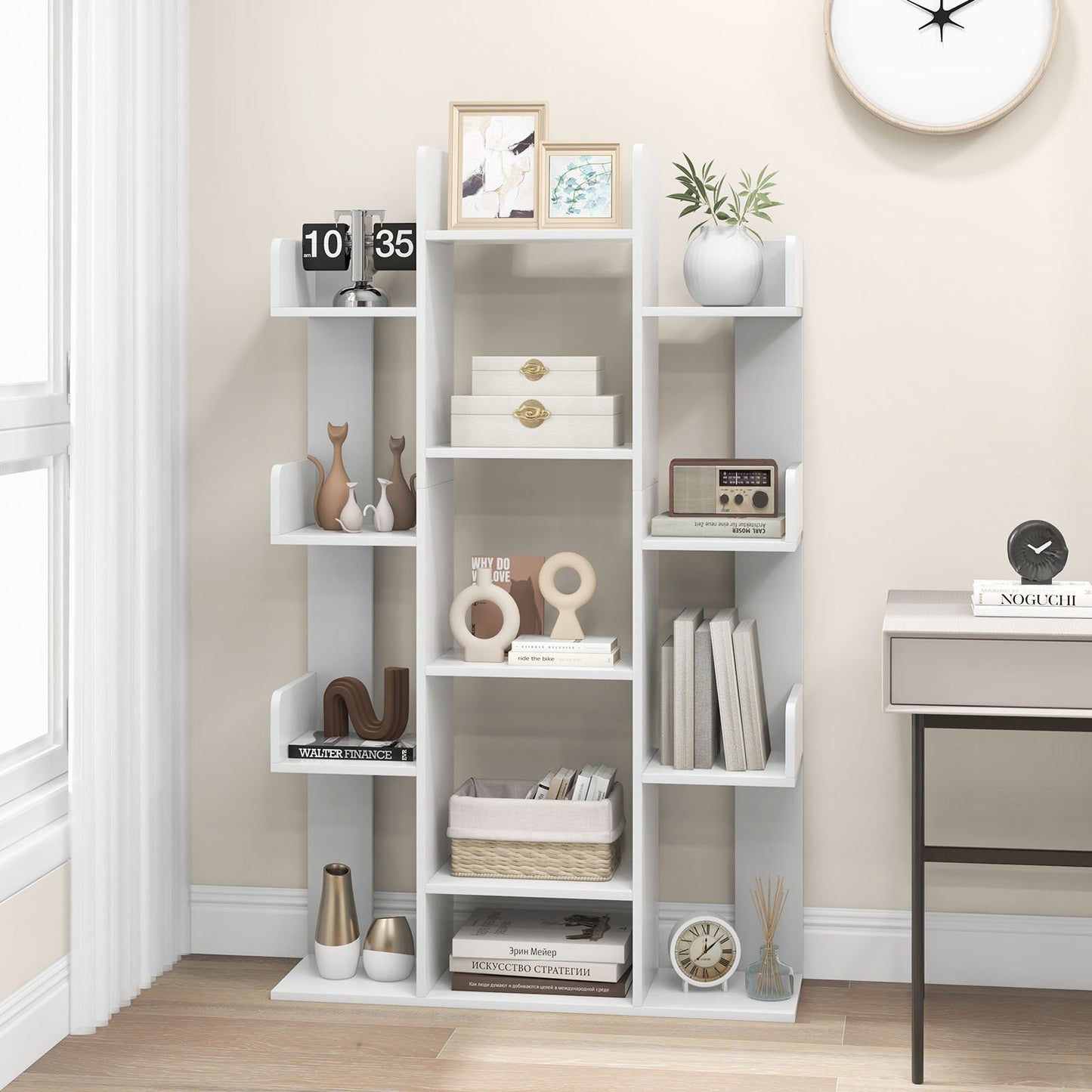 Tree-Shaped Bookshelf with 13 Compartments for Home Office-Rustic Brown