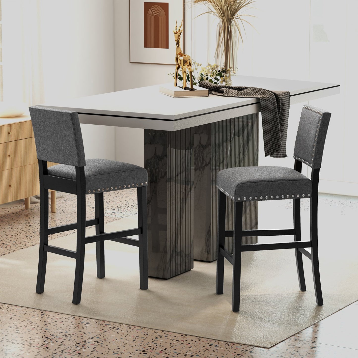 38.5/43.5 Inch Set of 2 Counter Height Chairs with Solid Rubber Wood Frame-S