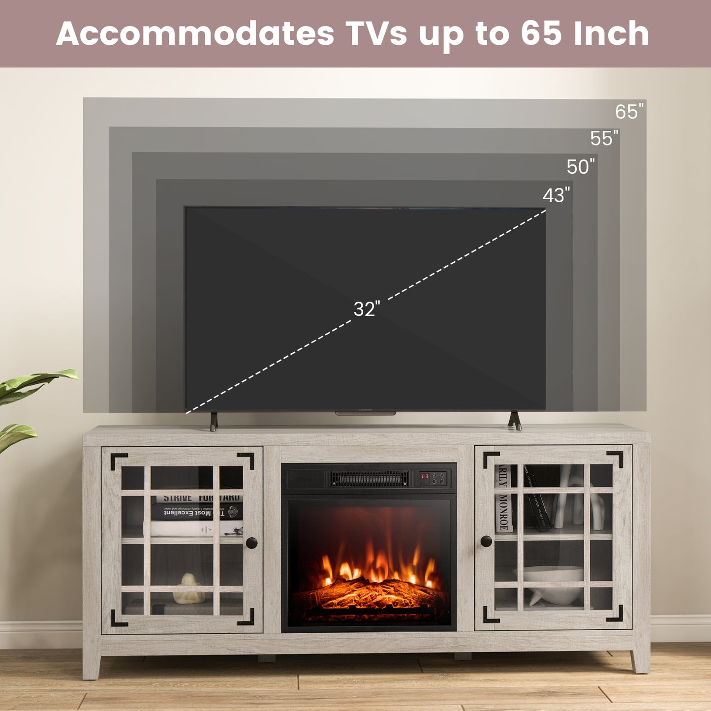 58 Inch Fireplace TV Stand with Adjustable Shelves for TVs up to 65 Inch-Natural