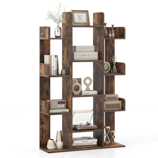 Tree-Shaped Bookshelf with 13 Compartments for Home Office-Rustic Brown