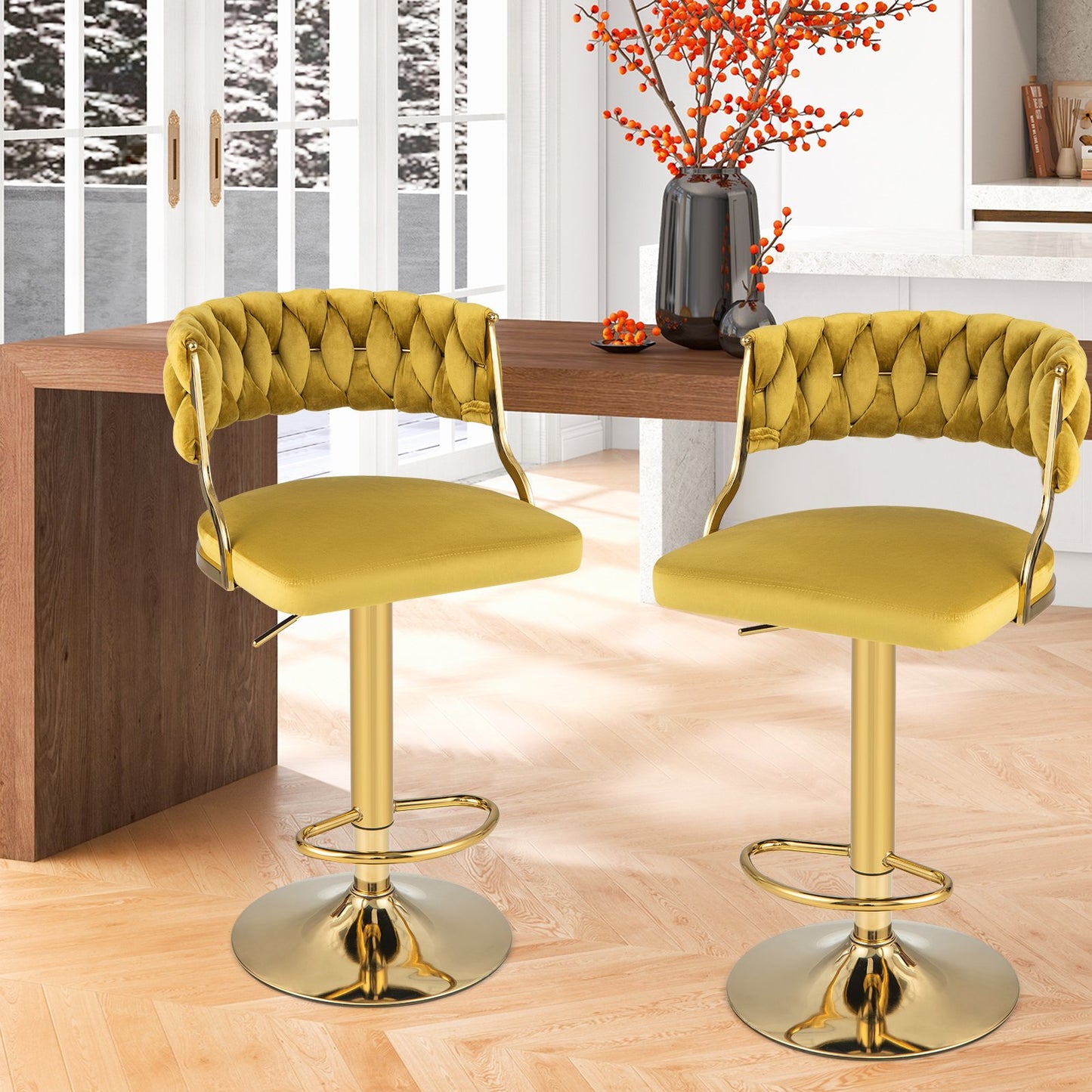 Swivel Barstool with Woven Back Set of 2 for Kitchen Island Cafe-Gray